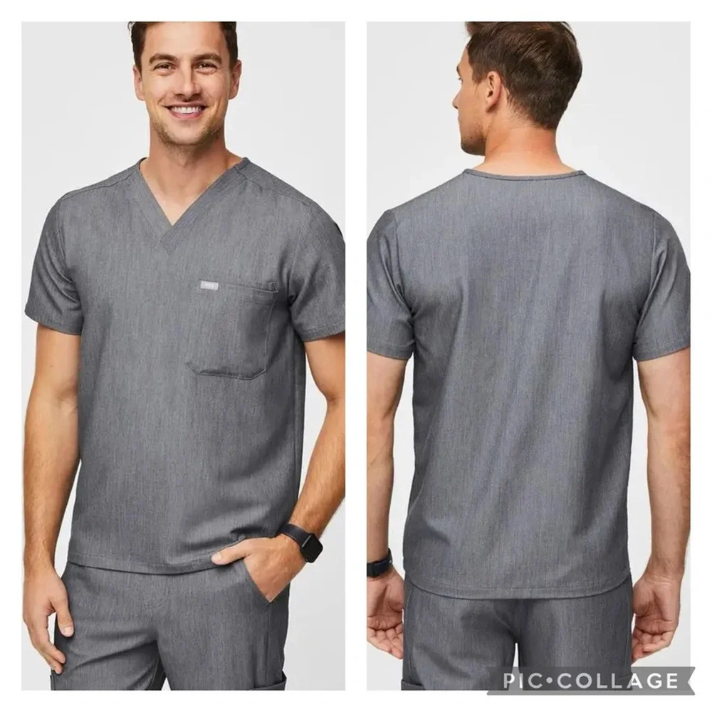 Figs Leon Three-Pocket Scrub Top -Graph Mens XL Gray Short Sleeve Logo NWOT